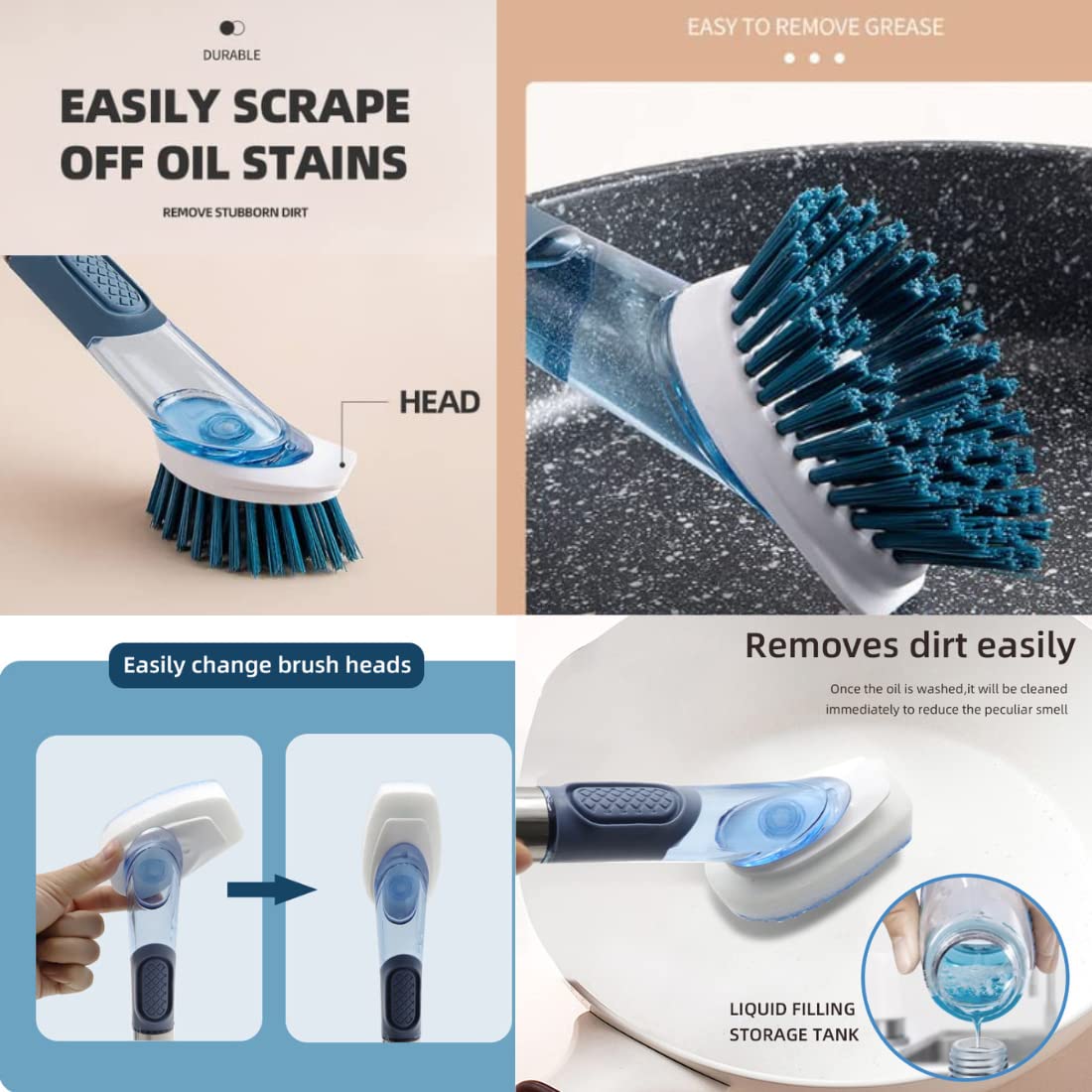 BARROT 4 in 1 Soap Dispensing Kitchen Brush with 4 Replaceable Brush Heads | Stand Included