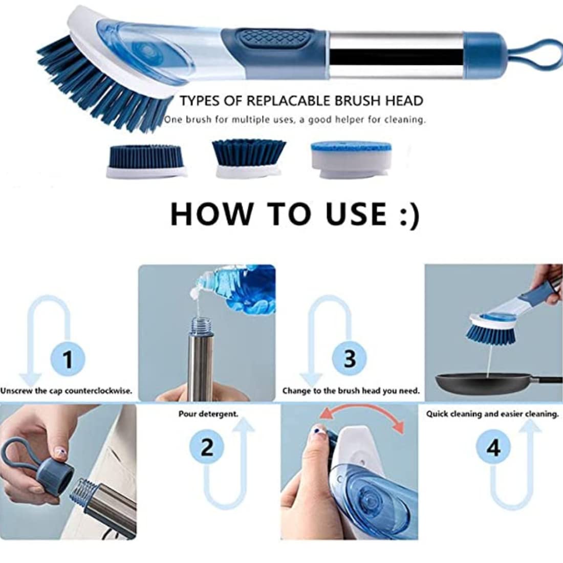 BARROT 4 in 1 Soap Dispensing Kitchen Brush with 4 Replaceable Brush Heads | Stand Included