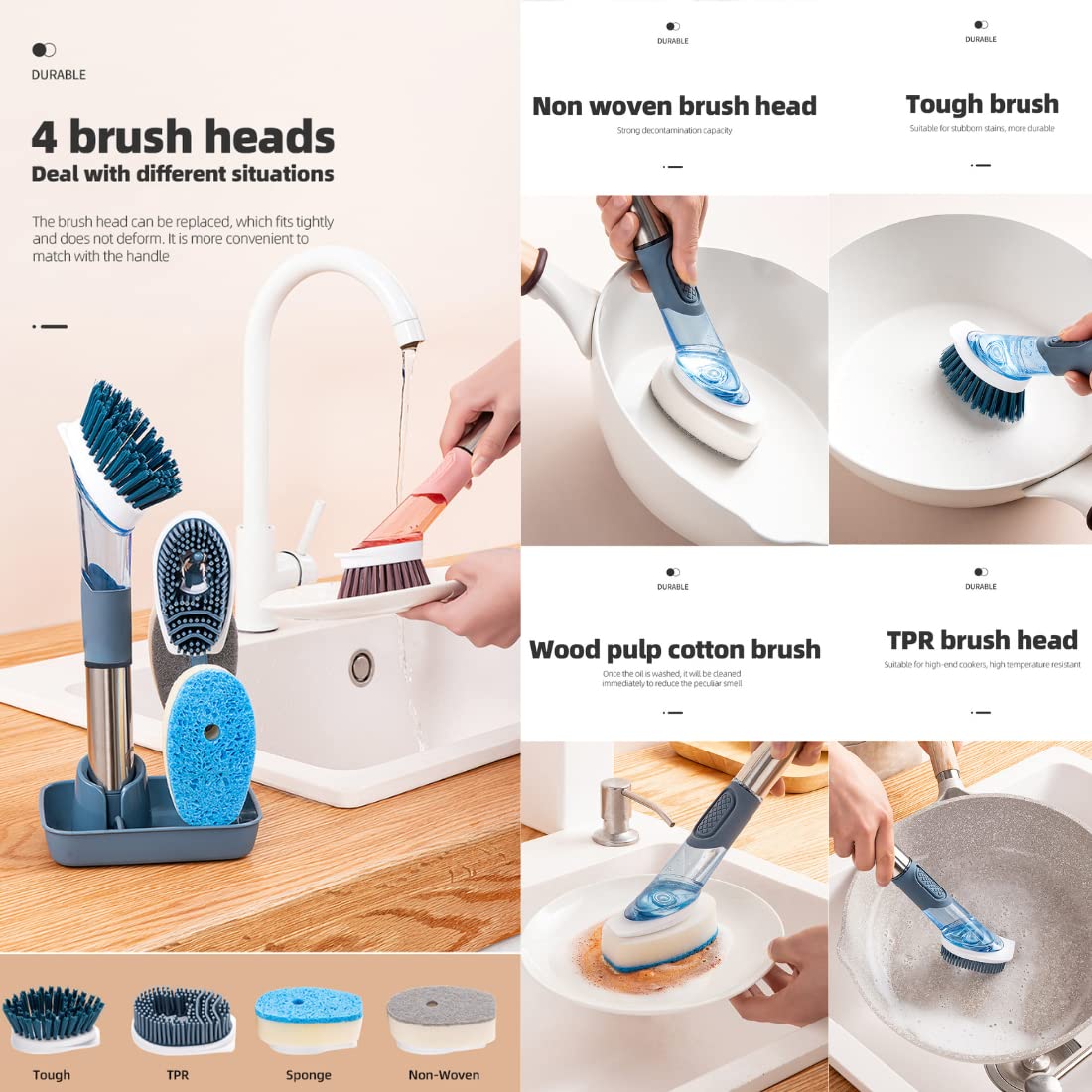 BARROT 4 in 1 Soap Dispensing Kitchen Brush with 4 Replaceable Brush Heads | Stand Included
