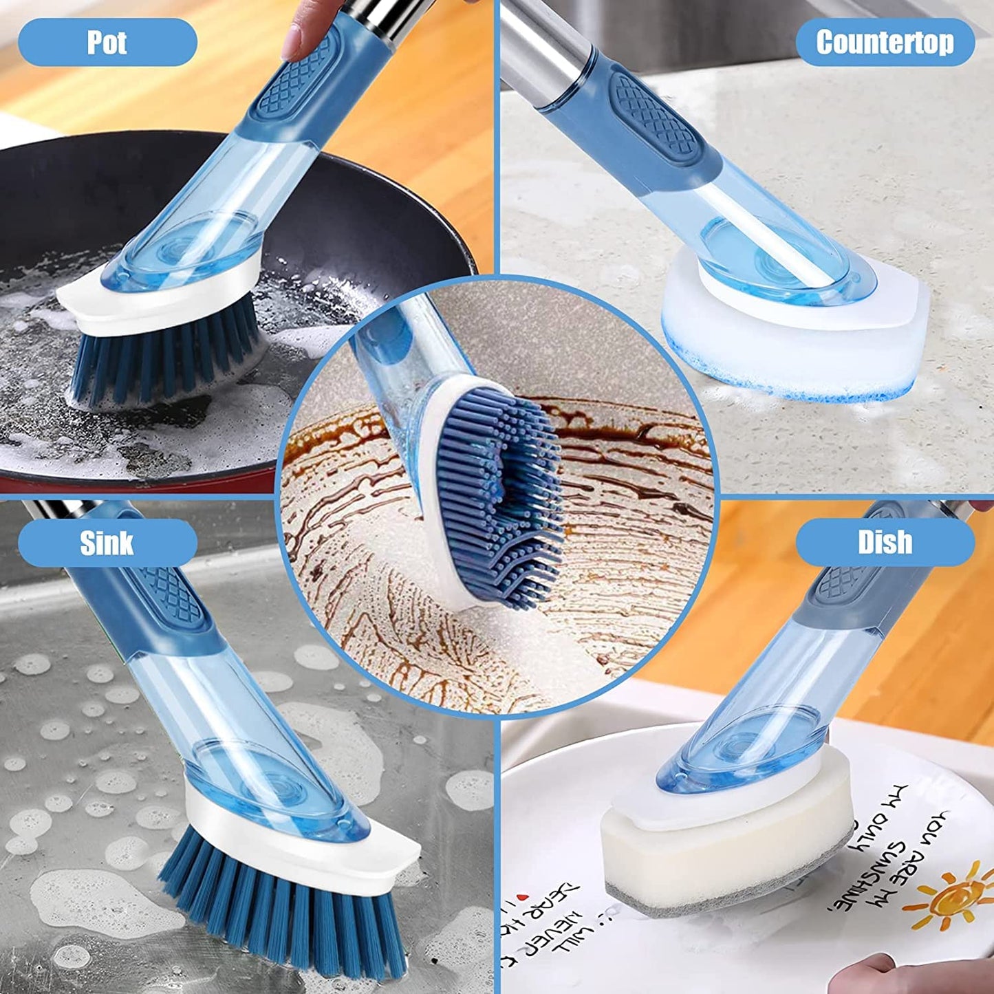 BARROT 4 in 1 Soap Dispensing Kitchen Brush with 4 Replaceable Brush Heads | Stand Included