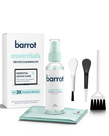 BARROT Essentials Mini Device Cleaning Kit | Designed for Laptops, Mobiles, Tablets, Camera Lenses, Earbuds & More | Includes 50ML Screen Cleaner, 3X Precision Brushes  20x20CM Premium Microfiber