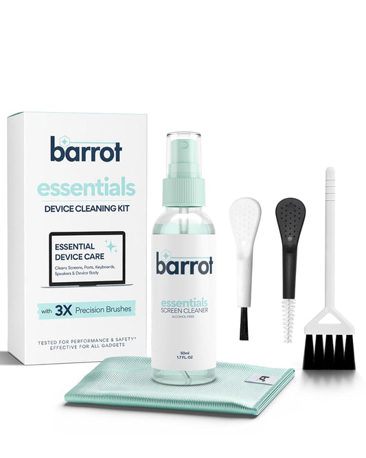 BARROT Essentials Mini Device Cleaning Kit | Designed for Laptops, Mobiles, Tablets, Camera Lenses, Earbuds & More | Includes 50ML Screen Cleaner, 3X Precision Brushes  20x20CM Premium Microfiber