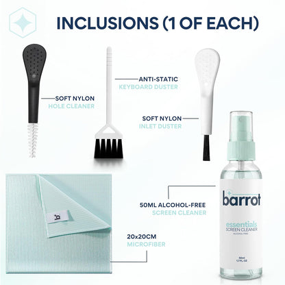 BARROT Essentials Mini Device Cleaning Kit | Designed for Laptops, Mobiles, Tablets, Camera Lenses, Earbuds & More | Includes 50ML Screen Cleaner, 3X Precision Brushes  20x20CM Premium Microfiber