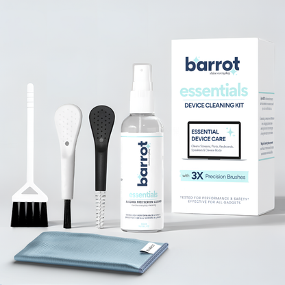 BARROT Essentials Mini Device Cleaning Kit | Designed for Laptops, Mobiles, Tablets, Camera Lenses, Earbuds & More | Includes 50ML Screen Cleaner, 3X Precision Brushes  20x20CM Premium Microfiber